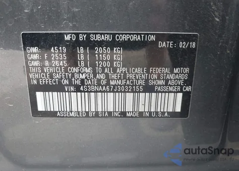 2018 Subaru Legacy 2.5I z USA, uszkodzony, nr VIN 4S3BNAA67J3032155